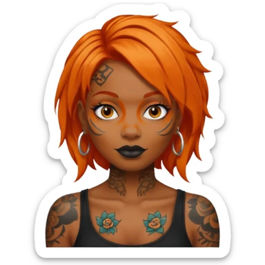 black woman with tattooed faces and orange hair sticker