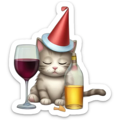 depressed tired kitty drinking wine and party hat on sticker