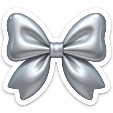 A cute bow emoji made of polished silver chrome, smooth rounded loops, glossy metallic surface, soft mirror reflections, subtle highlights, minimal and adorable proportions, iOS emoji style, centered composition, clean white background, soft studio lighting, no text, no outline, ultra high quality sticker