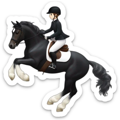 a  JRT BLACK HORSE JUMPING AN OBTACLE, THE HORSE HAS A WHITE BLAZE AND THREE WHITE SOCKS. tHE HORSES RIDER IS A YOUNG FEMALE WITH LONG CURLY BRUNNET HAIR sticker
