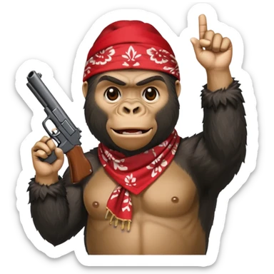 A gorilla holding a gun in the air with a bandana  sticker