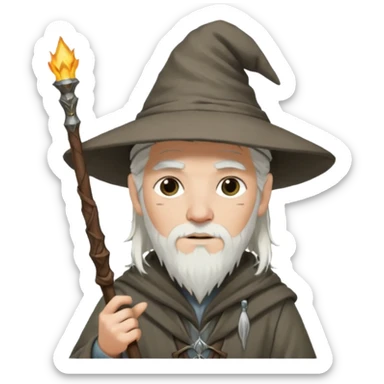 A punk guy with white hair, wearing a hat, holding a Gandalf staff and an AK-47 sticker