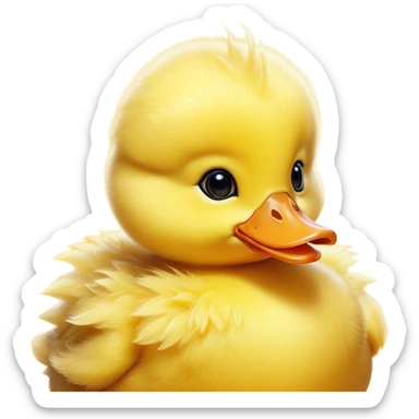 Cinematic Cute Yellow Baby Duck Portrait Emoji, Head tilted playfully and inquisitively, featuring a fluffy, vibrant yellow downy coat with a tiny delicate beak, round, sparkling eyes filled with curiosity, Simplified yet irresistibly adorable features, highly detailed, glowing with a warm, friendly glow, high shine, affectionate and spirited, stylized with a touch of playful whimsy, bright and endearing, soft glowing outline, capturing the essence of a mischievous yet loving duckling, so playful it feels like it could peep out of the screen and into your arms! sticker