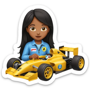  long black haired black girl kid playing yellow colored formula 1 car toy sticker
