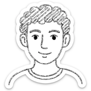 good looking young adult boy with brown curly hair and brown eyes, hand drawn outline icon sticker