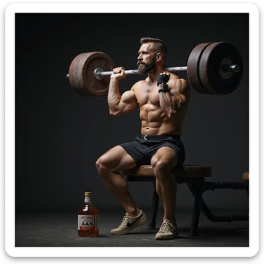 realistic powerlifter in deadlift position, looking sideways at bottle of AAS, sportswear, evident muscles, atmosphere of temptation, isolated on white background sticker