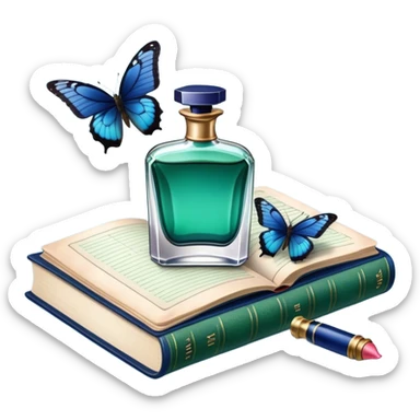 A vintage still-life composition featuring a navy perfume bottle, an old green book, and a blue butterfly. sticker
