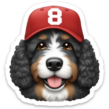 Bernedoodle with Ohio state baseball cap sticker