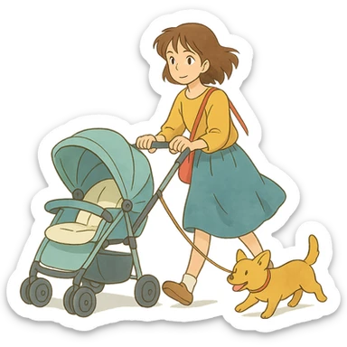 ghibli style girl walking with a stroller and dog on a leash, soft colors sticker