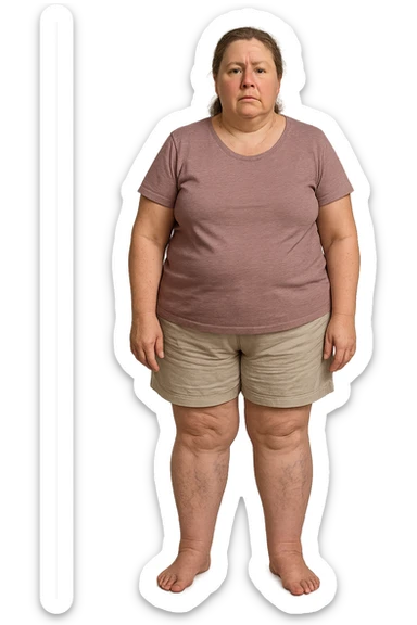 donna realistica leggermente in sovrappeso con vene visibili sulle gambe e gambe gonfie, iperrealistica 4k, IPERREALISTICA 4K sticker