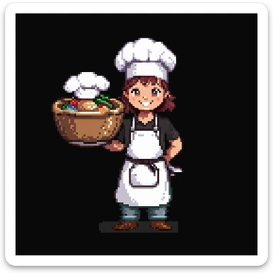 Portrait of a smiling baker wearing a chef hat and a clean apron, holding a large mixing bowl, skeuomorphism style sticker