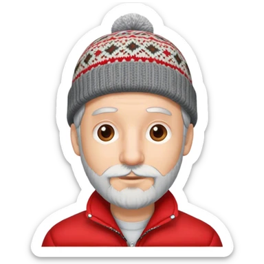 man with gray hair small beard and big nose with a patterned beanie on wearing red jacket sticker