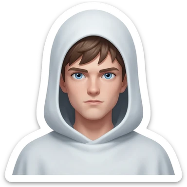 Create a memoji-style character: 26-year-old white male, brown hair, striking blue eyes, mysterious. Wearing ghost cloak with hood or mask partially covering face. Ethereal, modern ghost vibe, expressive eyes visible. Clean, cartoonish Apple Memoji style, simple background, suitable for brand mascot sticker