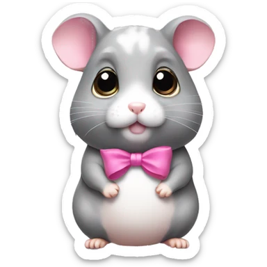 A full-body grey hamster with huge eyes a pink bow  sticker