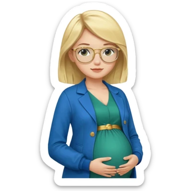 pregnant blonde 18-year old with golden glasses in a bright blue dress and a dark green jacket on top of the blue dress sticker