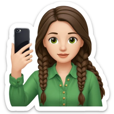 brunette long braided haired woman with green blouse holding her phone having selfie sticker