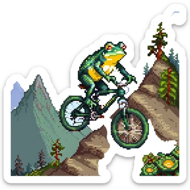 a frog riding a full suspension mountain bike, pixel art style sticker