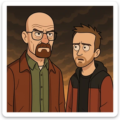 illustration inspired by Breaking Bad, main characters prominently featured, dramatic atmosphere, detailed cartoon style sticker