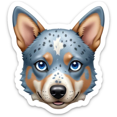 Cinematic Noble Blue Speckle Australian Cattle Dog Portrait Emoji, Poised and regal, with a robust, athletic build and a striking blue speckle Fur, piercing blue eyes, Simplified yet sharp and sophisticated features, highly detailed, glowing with a cool, dignified glow, high shine, intelligent and hardworking, stylized with an air of precision, focused and attentive, soft glowing outline, capturing the essence of a watchful and determined herder, so majestic it feels as though it could leap out of the screen with effortless authority! sticker