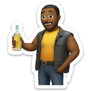 Guy buying a bottle of tequila from a hot dog stand sticker