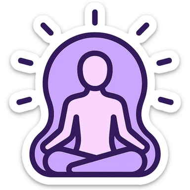 minimalist icon of a meditating figure with a glowing aura, soft purple and white color palette, clean vector lines, modern and serene, suitable for wellness or mindfulness app sticker