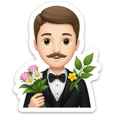 generate an ios genmoji of a 20 year old fair boy with very few and faint mustache hair. should look like he cant grow a mustache., carrying a flower bouquet, wearing a tux sticker
