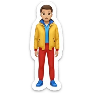 un hombre con: yellow jacket, red pants and blue shoes sticker
