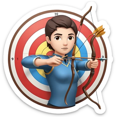 An archer drawing a bow and aiming an arrow at a target, with perfect focus and precision. The target is visible in the background, featuring concentric rings. The scene captures the concentration and skill involved in archery, emphasizing the elegance and accuracy of the sport. sticker
