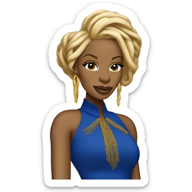 Mary j blige  with and attitude with blue and gold locs wearing a royal blue and gold dress  sticker