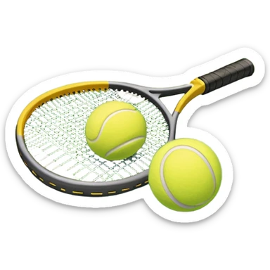 A tennis racket and ball positioned on a grass court, with the net and lines clearly visible in the background. The scene emphasizes the classic elements of the sport, capturing the energy and precision of a tennis match. sticker