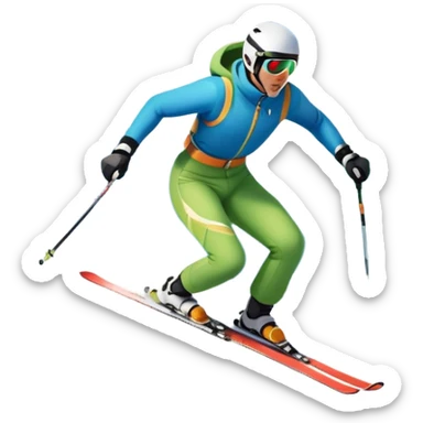 An icon featuring snowy peaks, pine trees, and a picturesque mountain landscape with a skier racing down a snow-covered slope. The sky is blue with soft clouds, capturing the thrill and beauty of alpine skiing. Transparent background highlights the excitement and serenity of winter sports. sticker