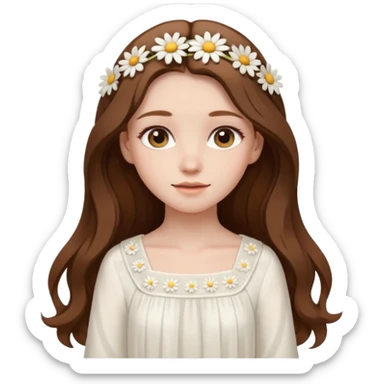 Girl with long brown hair, pale skin, daisy hairclips, long sleeved white flowy dress sticker