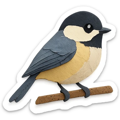 chickadee sitting on a branch, delicate paper layers, expressive eye, naturalistic pose sticker