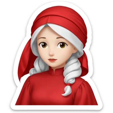 mujer de perfil con un vestido rojo de manga y falsas largas y voluptosas, y una toca blanca que cubre su cara sticker