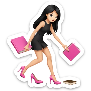 women  long black hair tanned skin, heels in black mini dress, pick up pink book from ground, sticker