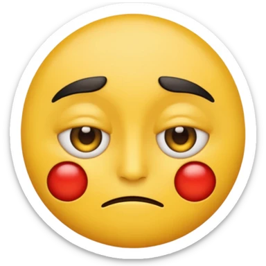 Draw a yellow emoji face with heavy-lidded, subtle bloodshot eyes that look high or stoned. The expression should be dazed, relaxed. Add thick, dark eyebrows angled downwards, and make the eyelids partially closed. sticker