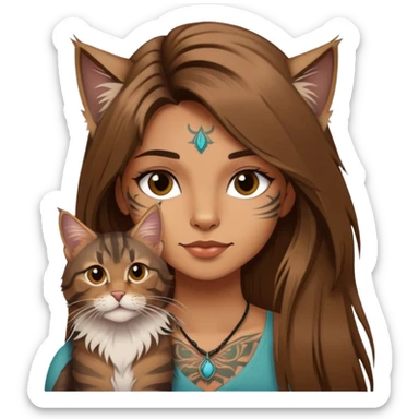girl with long brown  straight hair and tattoos and a tabby Maine coon cat sticker