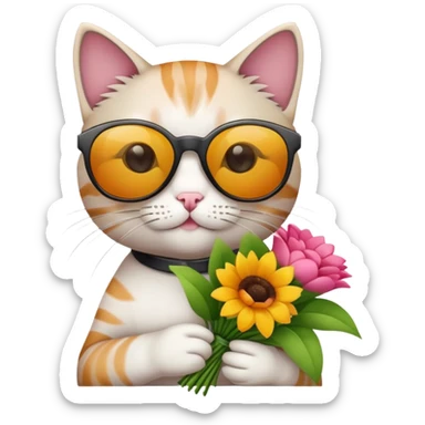 cat wearing sunglasses holding a bouquet of flowers sticker