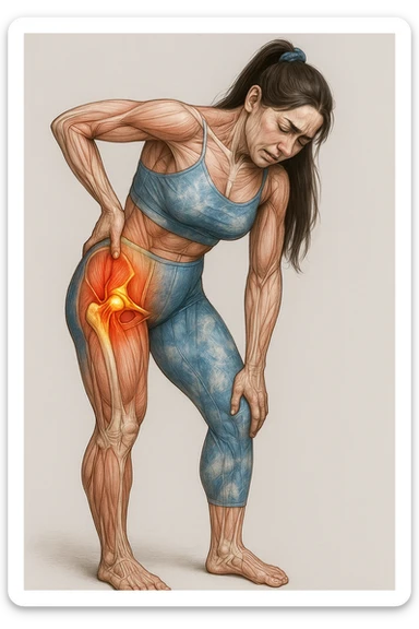 Realistic anatomical illustration of a woman in sportswear inspired by the reference photo, slightly bending forward holding the right hip due to pain, with highlighted muscles and joints involved, neutral background. sticker