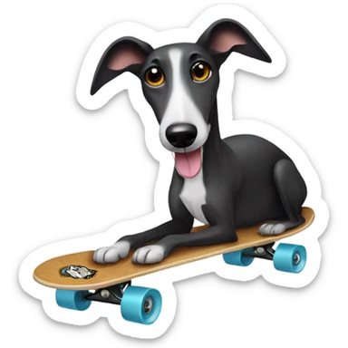 A black greyhound with a white stomach rising a skateboard  sticker
