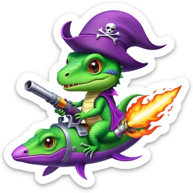 lizard with fire gun pirat riding purple rocketin hands sticker