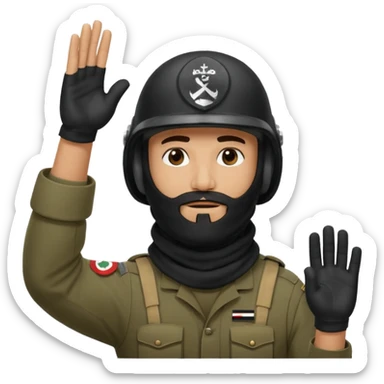 surrenders, depicts an Iraqi soldier from 1980, with a beard, in a helmet, with a balaclava, with a sad face and raised hands sticker