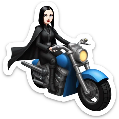 Wednesday Addams Jedi bounty hunter sitting in a modern blue,red and pewter steampunk electric luxury motorcycle  sticker