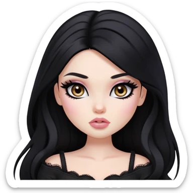  long hair, pale skin, dark brown eyes, pretty bratz baddie, black eyeliner, blush sticker