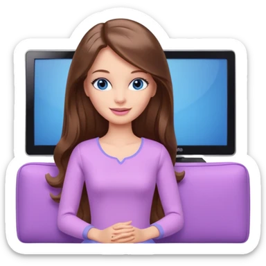 beautiful barbie girl with long brown hair, blue eyes and wearing light purple clothes watching tv sticker