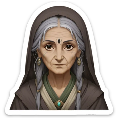 Mirri Maz Duur is a weathered, old Lhazareen woman with deep-set dark eyes, high cheekbones, and a sharp nose, giving her a stern, knowing expression. Her long, unkempt dark hair streaked with gray falls loosely over her shoulders, and her earth-toned, tattered robes mark her as a humble healer. Despite her frail appearance, she exudes an aura of mystery and menace, her hands stained with herbs and blood from both healing and dark sorcery. sticker
