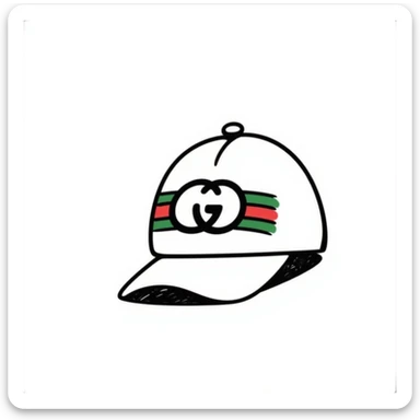 hand-drawn doodle of a Gucci cap with signature green and red stripes and logo sticker