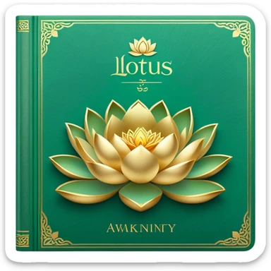 A soft emerald green book front cover with golden details, a ray of light, or a lotus on the cover, radiating presence, tranquility, and spiritual awakening sticker