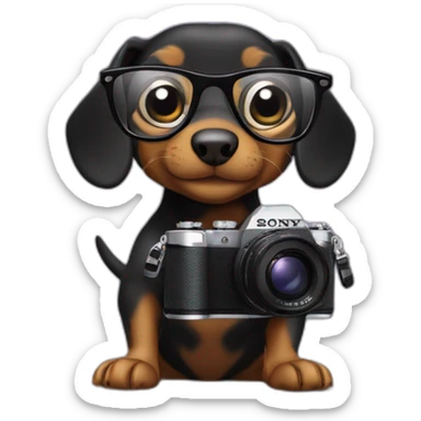 a black dachshund chipmunk with glasses holds a SONY camera in its paws medium plan sticker