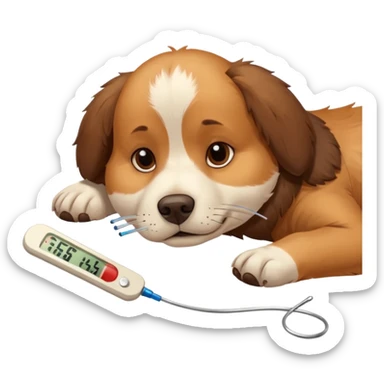 A sick dog lying down with a thermometer beside it, indicating a fever.
Cute but gentle style, warm colors, conveying concern and care. sticker